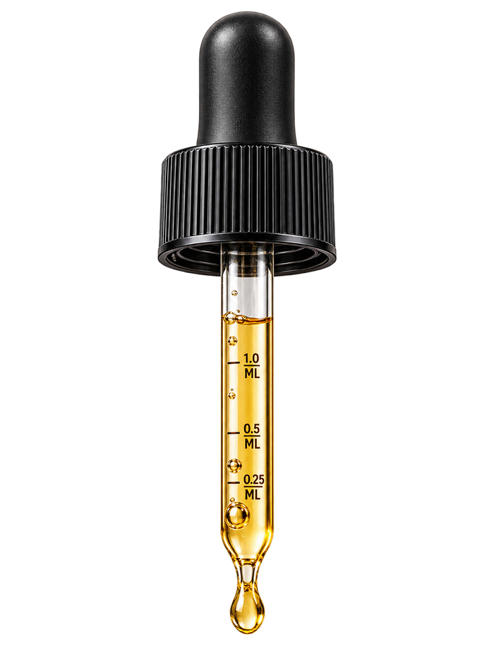 Woman holding strength + recovery droppers bottle near stomach